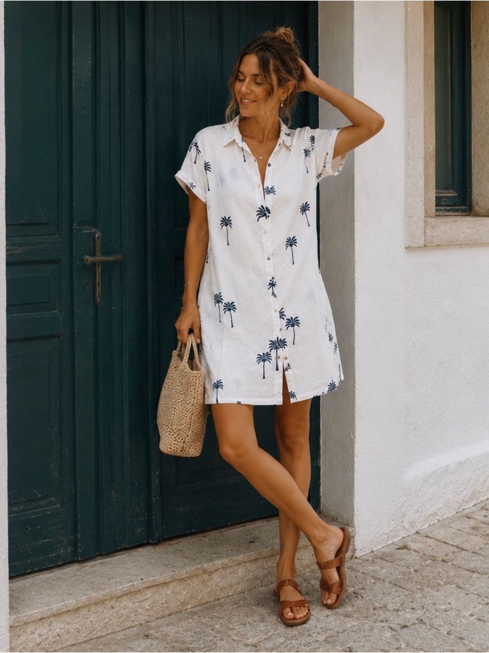 Calypso St Barth Linen Blend Palm Tree Embroidered Shirt Dress Pockets Small